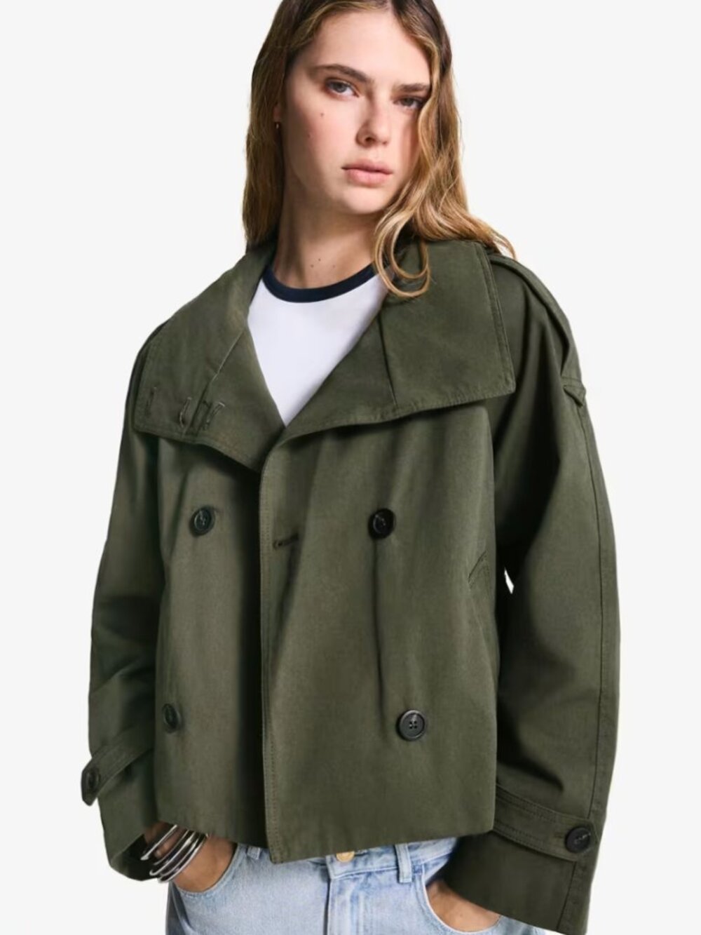 BERSHKA CROPPED BELTED TRENCH COAT IN KHAKI SIZE SMALL